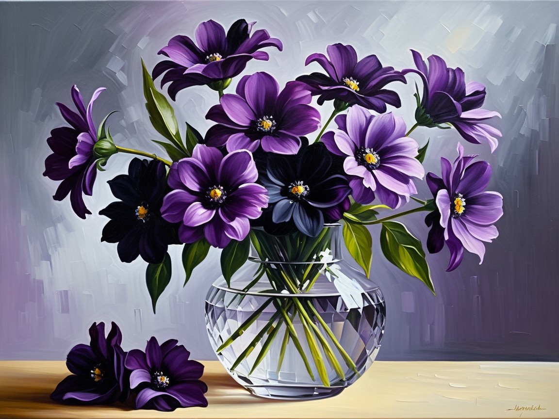 Vibrant Still-Life of Purple and Black Flowers
