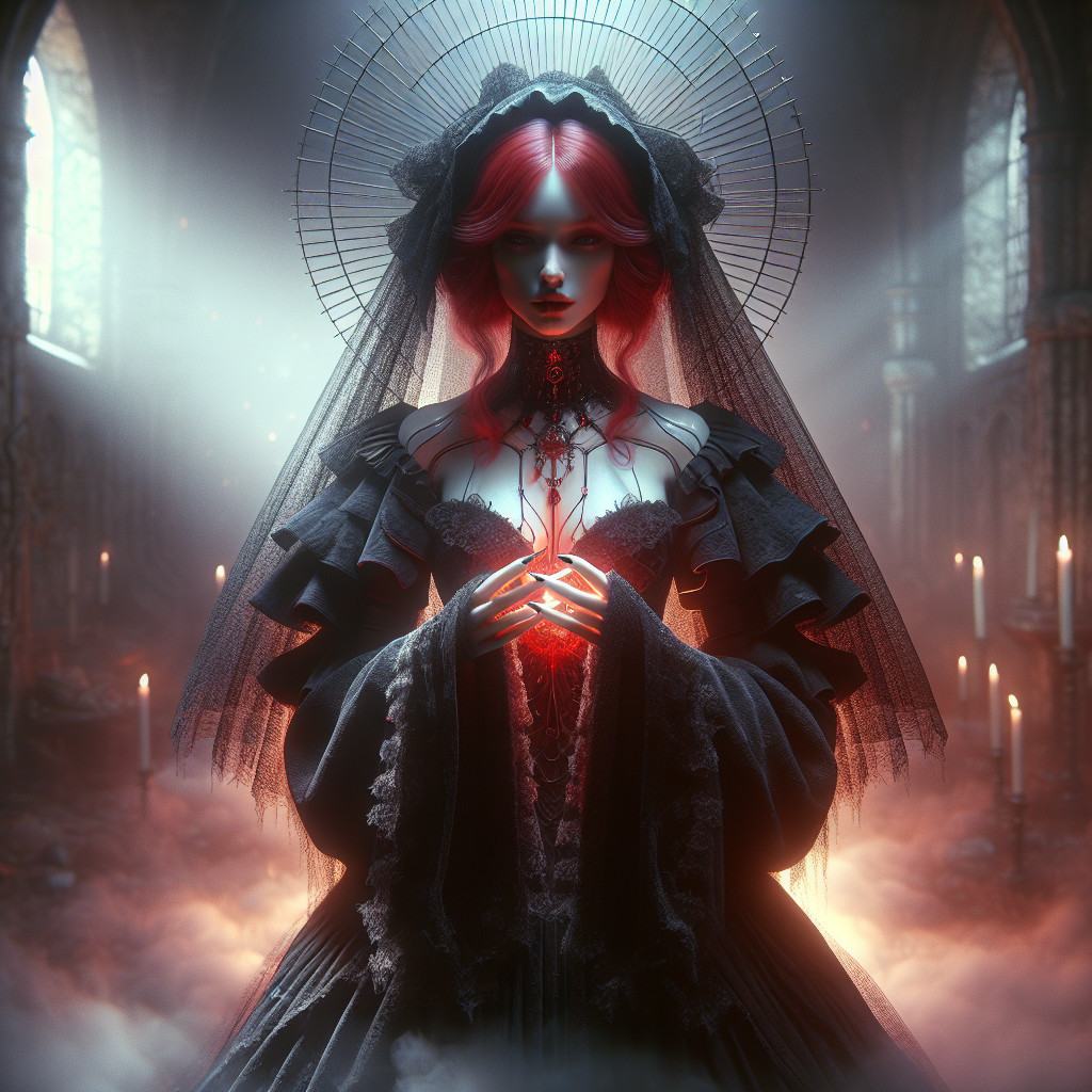Gothic Figure in Dark Gown with Red Hair and Veil