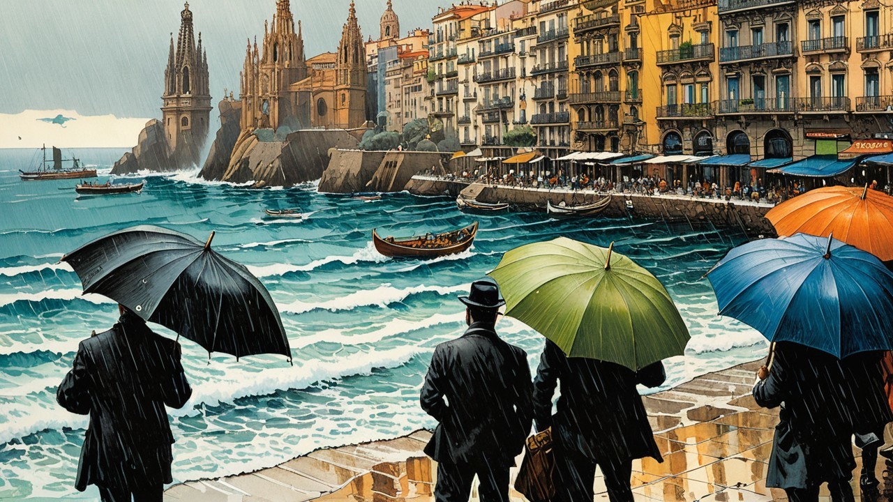 Coastal Town Scene with Figures and Colorful Umbrellas