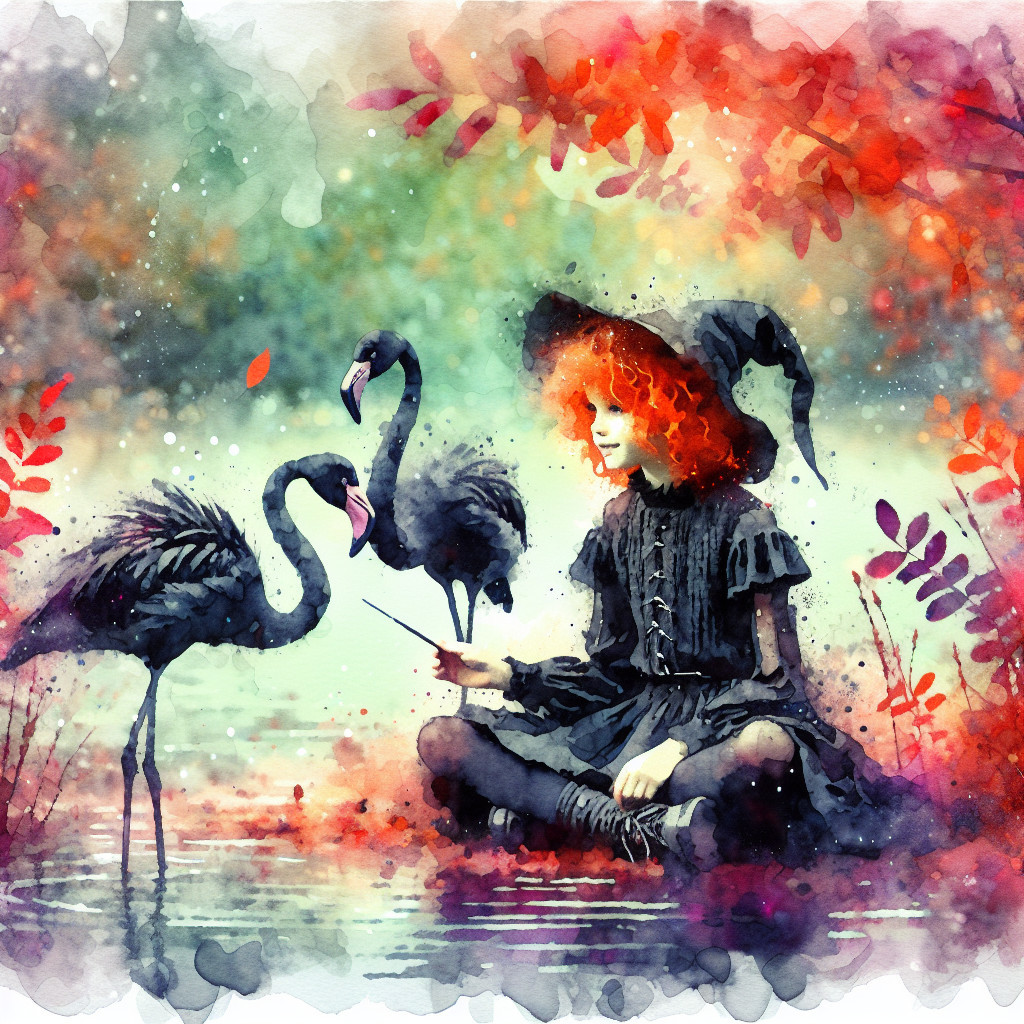 Whimsical Scene of Girl by Pond with Flamingos