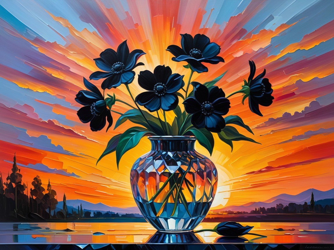 Vibrant Painting of Black Flowers and Sunset Sky