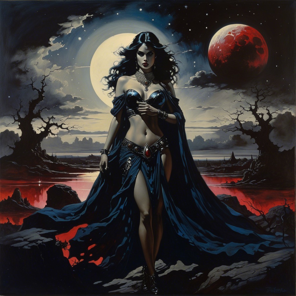 Mysterious Woman in Desolate Landscape with Moons