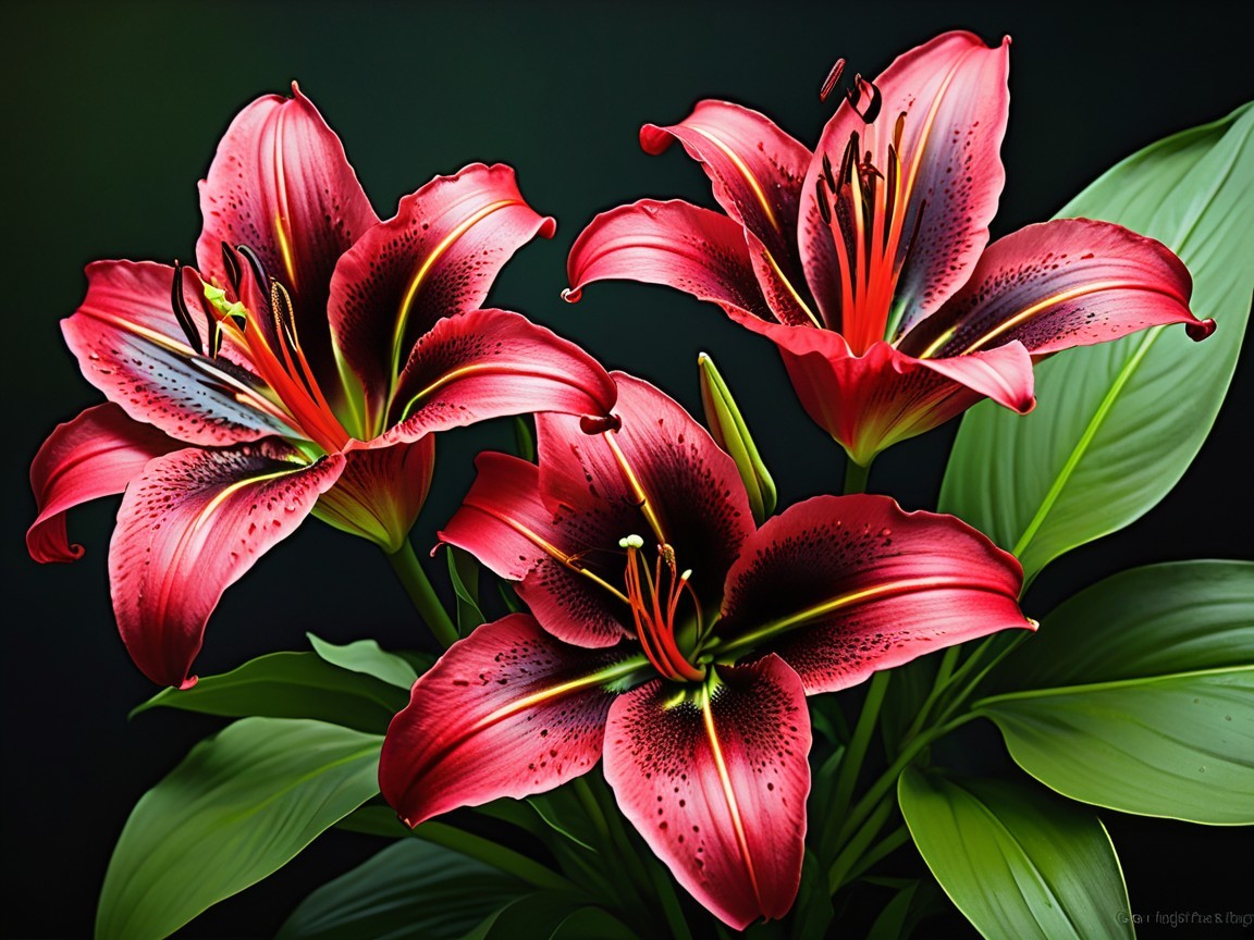 Vibrant Red Lilies with Dark Spots and Green Leaves