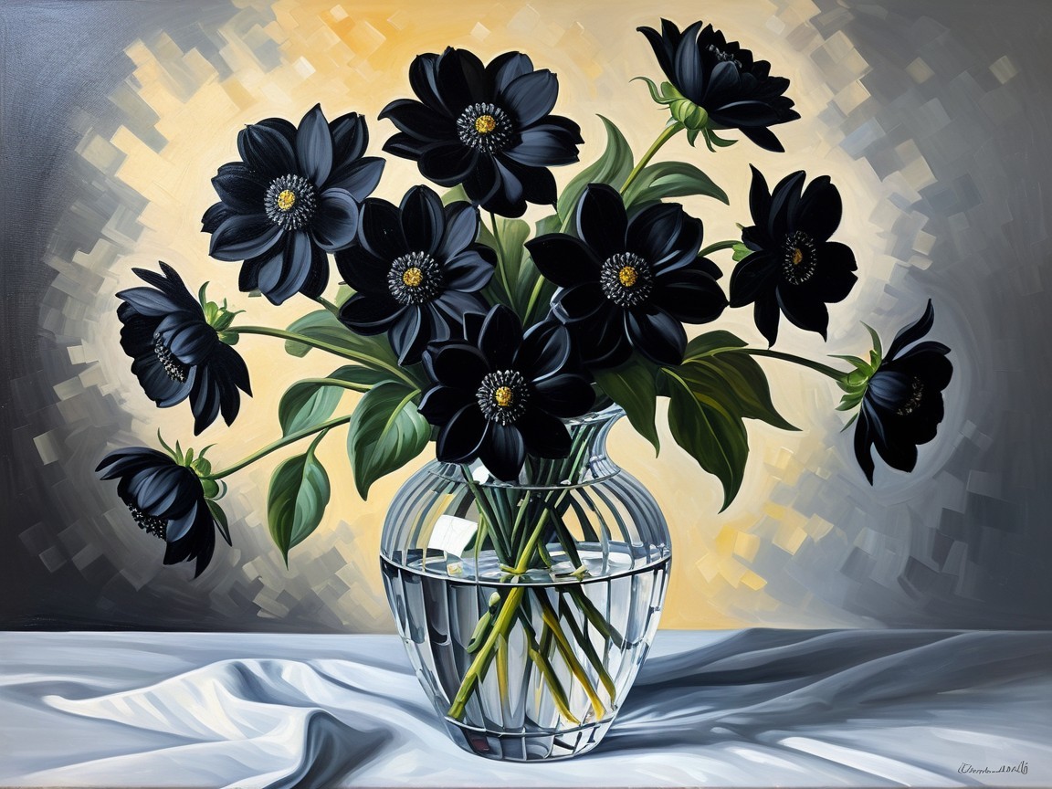 Still Life of Black Flowers in Glass Vase