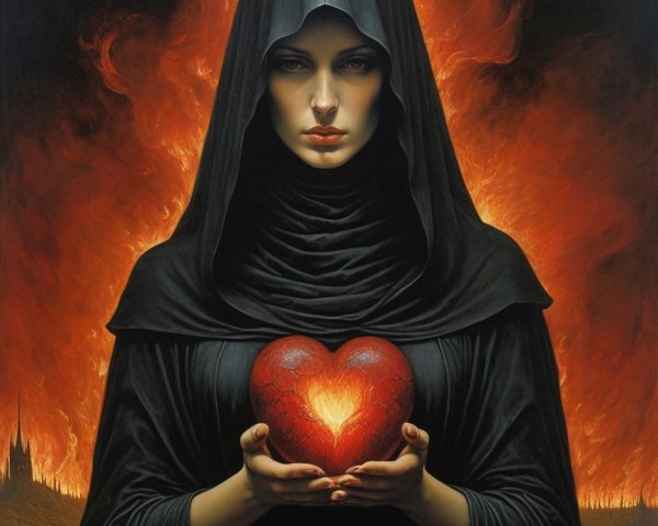Mysterious Figure in Cloak with Glowing Heart Amid Flames