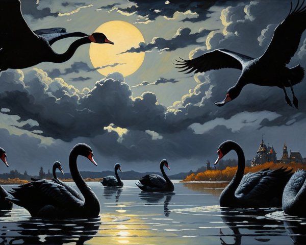 Luminous Moonlit Night with Swans and Castle Silhouette