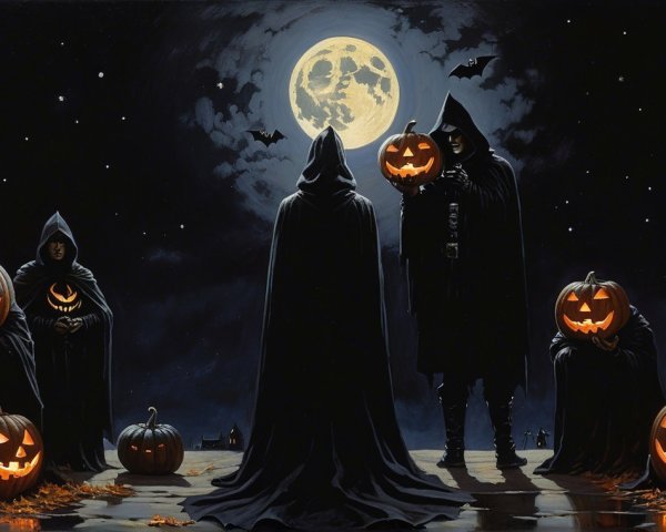 Cloaked Figures with Pumpkins Under Full Moon at Night