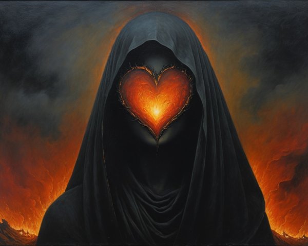Cloaked Figure with Glowing Heart Against Fiery Background