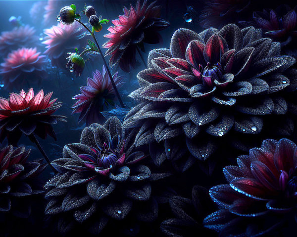 Vibrant Flowers in Dim Light with Dewy Petals