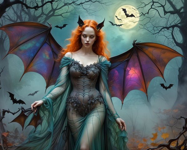 Mystical Forest Scene with Winged Figure and Bats