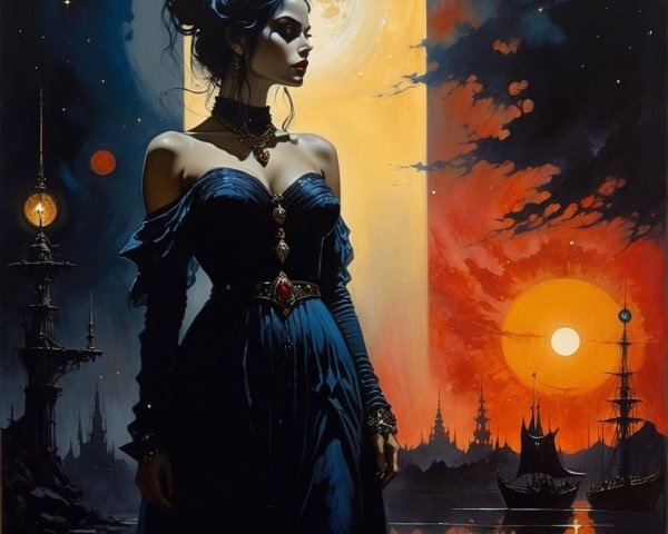 Fantasy Scene with Dark-Haired Woman at Twilight