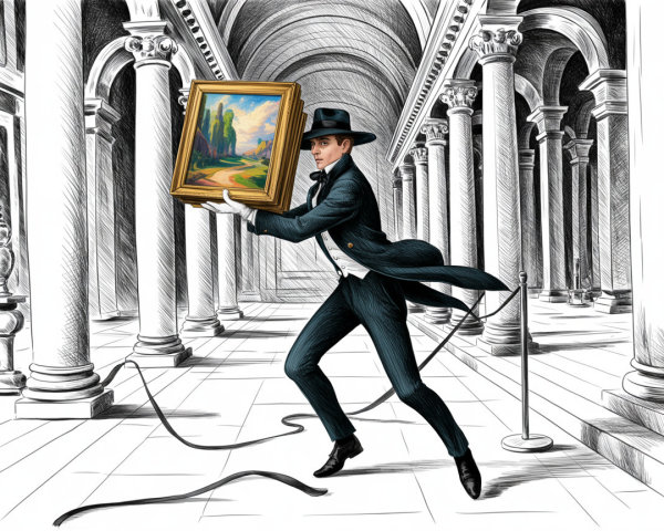 Dapper Figure in Tuxedo Steals Painting in Gallery