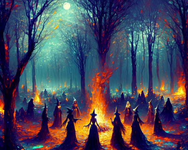 Witches Gather Around Bonfire in Mystical Forest
