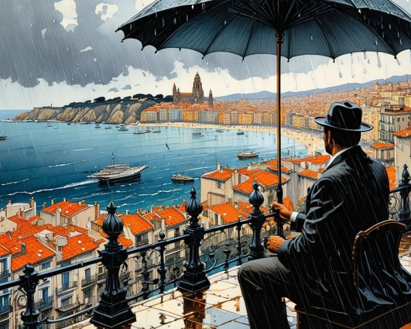 Man in Suit Observes Rainy Coastal Cityscape