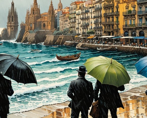 Coastal Town Scene with Figures and Colorful Umbrellas