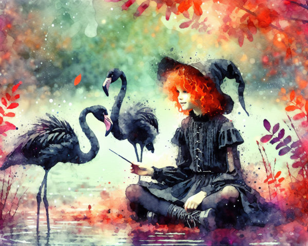 Whimsical Scene of Girl by Pond with Flamingos