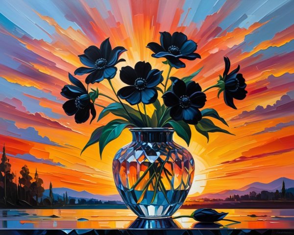 Vibrant Painting of Black Flowers and Sunset Sky