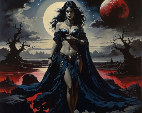 Mysterious Woman in Desolate Landscape with Moons