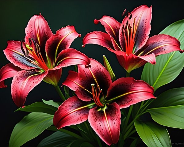 Vibrant Red Lilies with Dark Spots and Green Leaves
