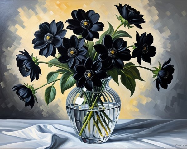 Still Life of Black Flowers in Glass Vase