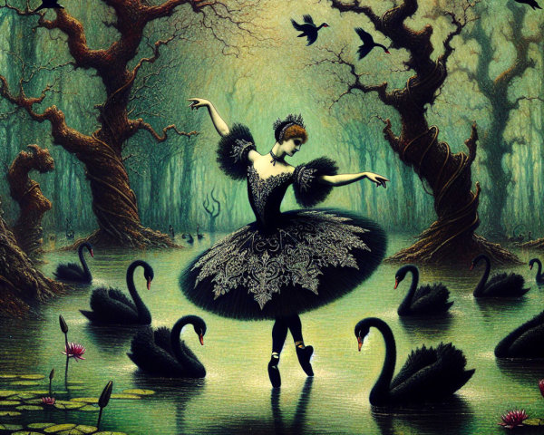 Ballerina in Black Dress Dances in Enchanted Forest
