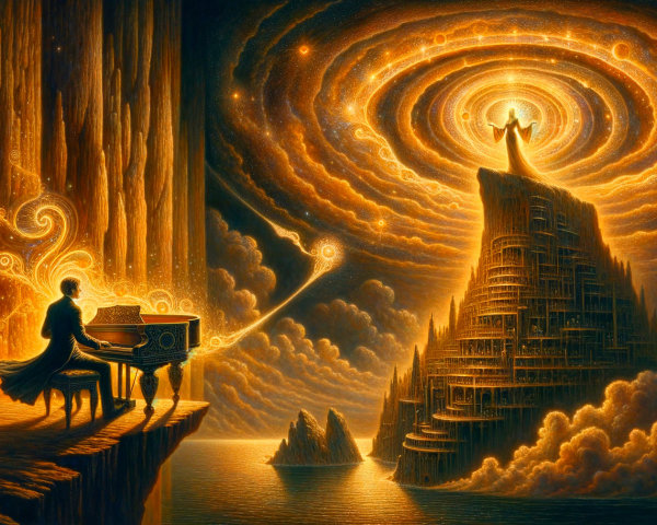 Surreal Landscape with Piano and Majestic Mountain