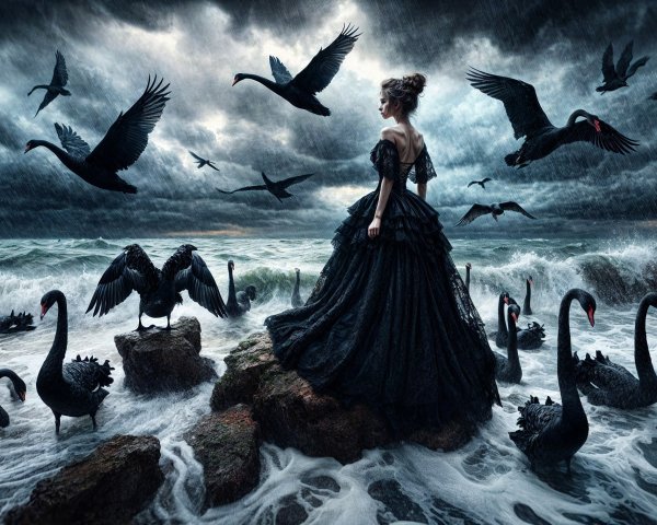 Elegant Woman in Black Gown on Rocky Shores