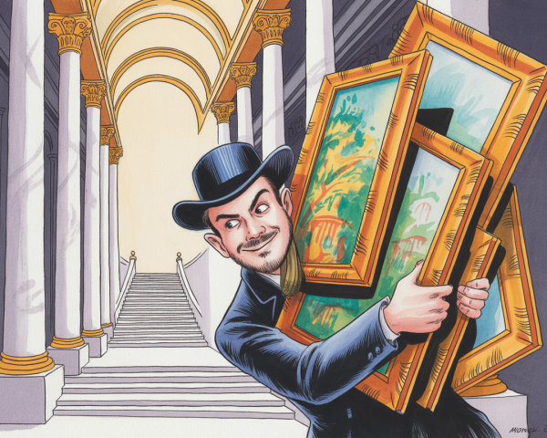 Man in Bowler Hat with Framed Paintings in Hallway