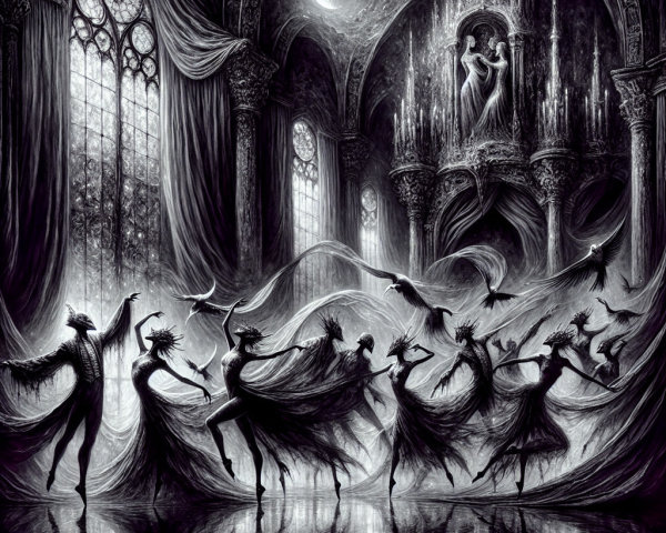 Ethereal Figures Dance in a Gothic Hall Setting