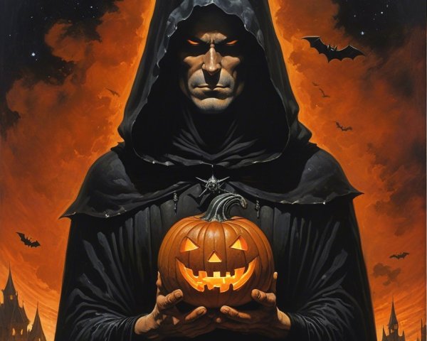 Shadowy Figure with Pumpkin Against Orange Sky