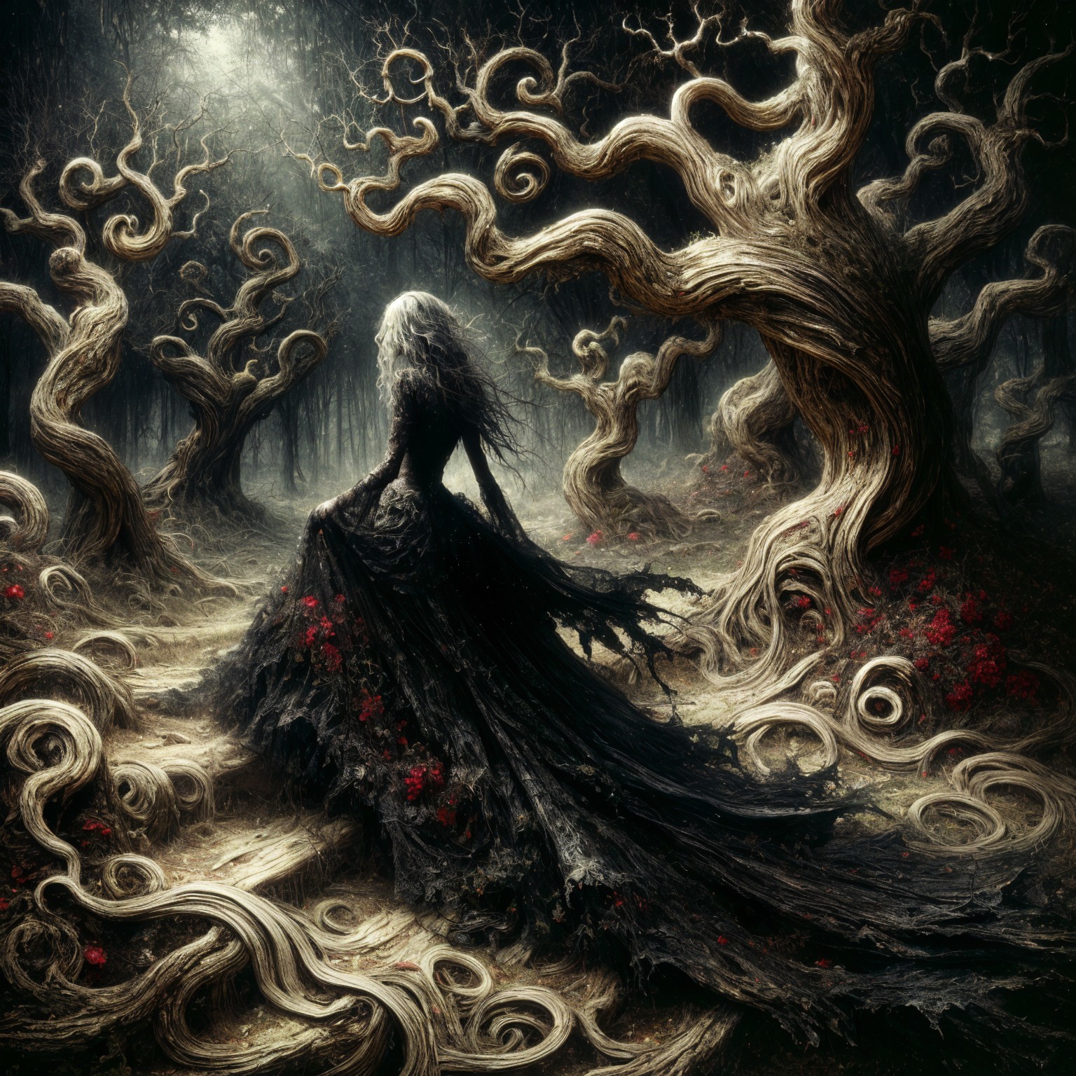 Enchanted forest scene with a figure in black gown