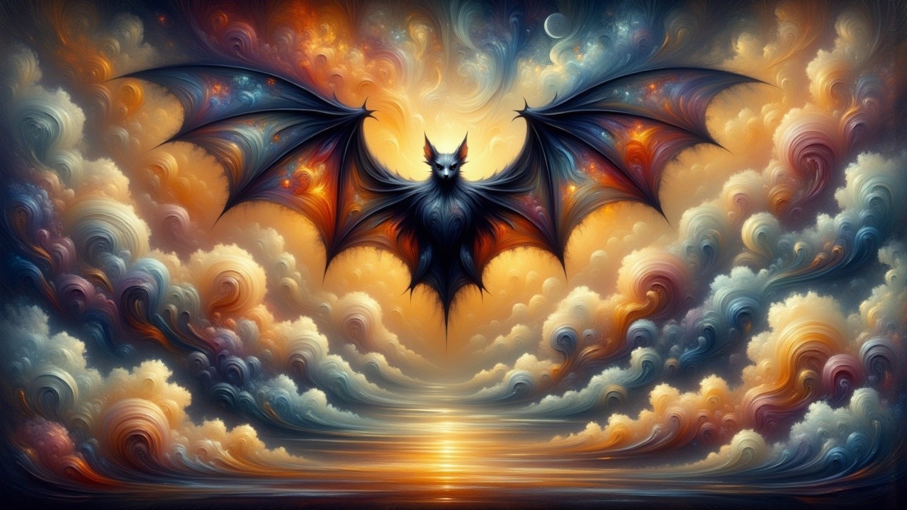 Stylized Bat Silhouette Against Vibrant Sunset Sky