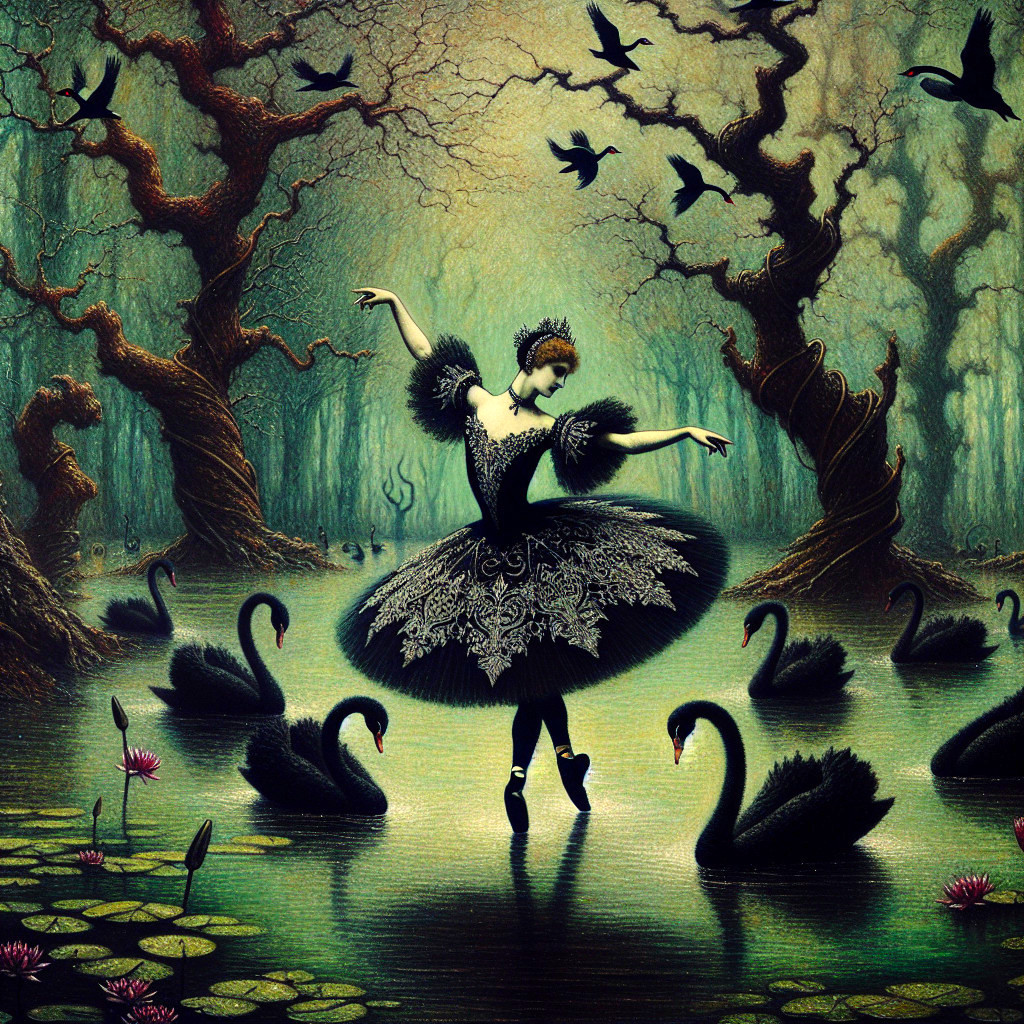 Ballerina in Black Dress Dances in Enchanted Forest