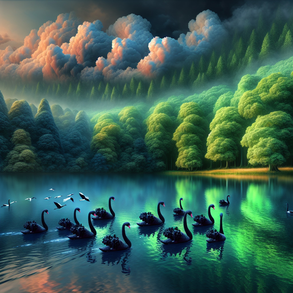 Twilight Lakeside Scene with Black Swans and Trees