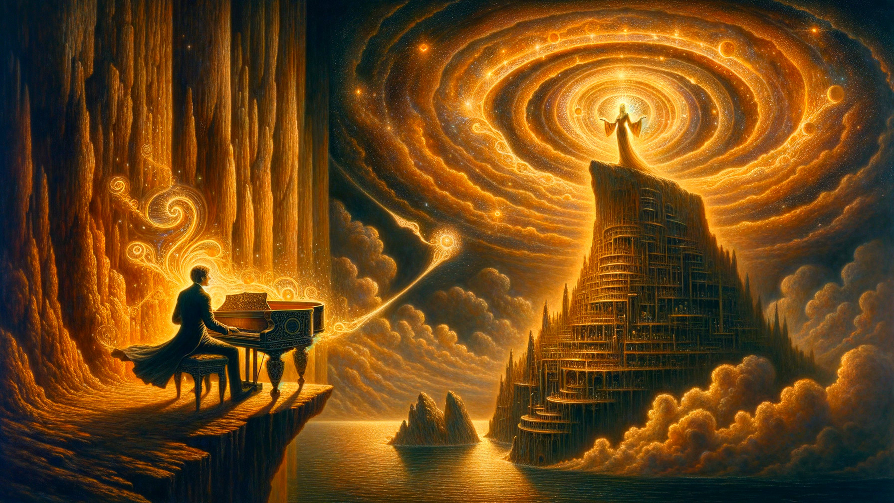 Surreal Landscape with Piano and Majestic Mountain