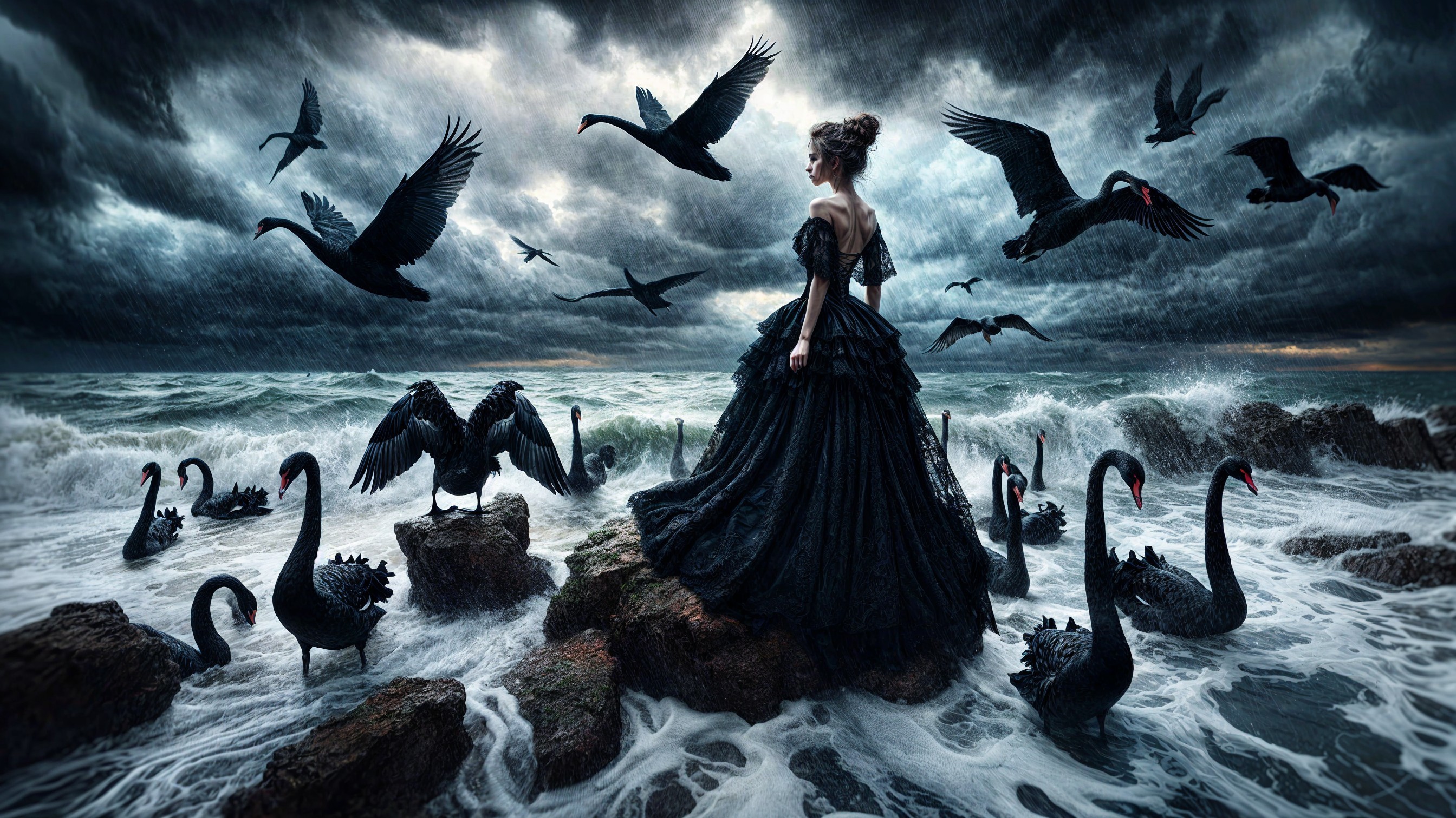 Elegant Woman in Black Gown on Rocky Shores