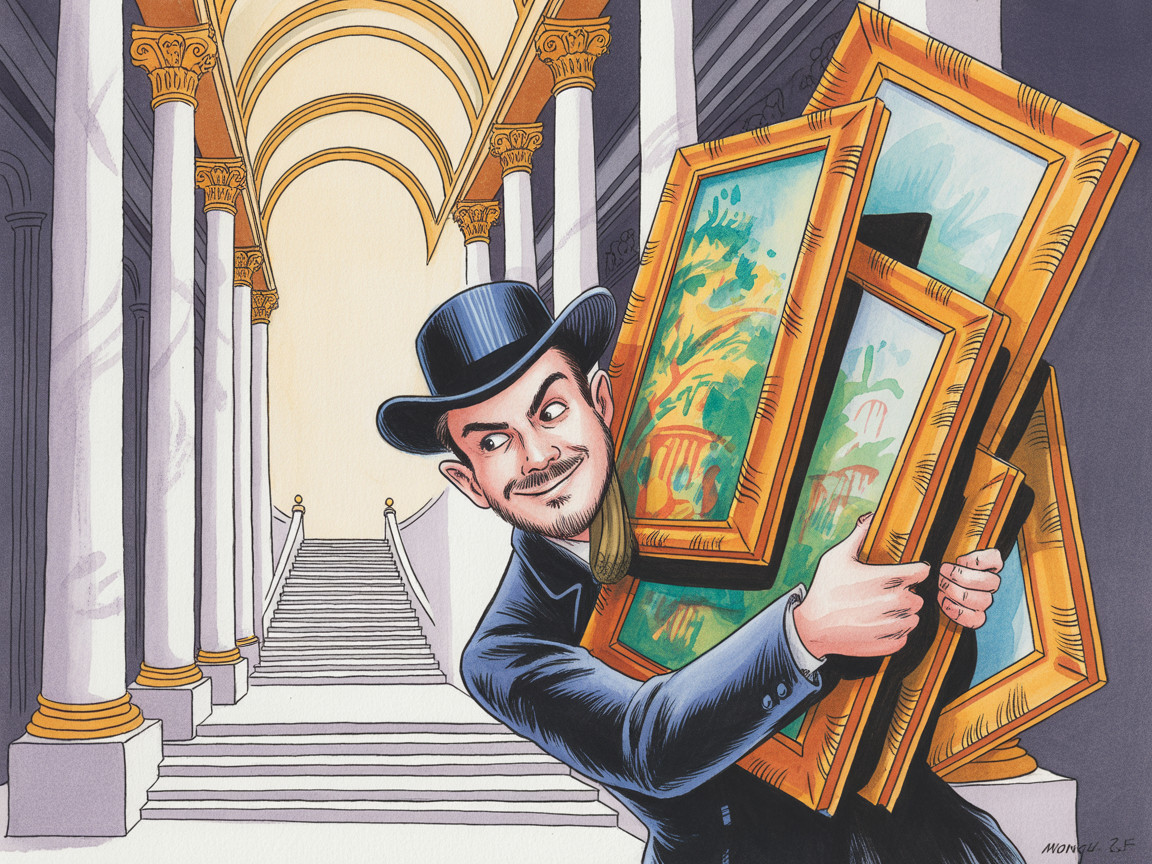 Man in Bowler Hat with Framed Paintings in Hallway