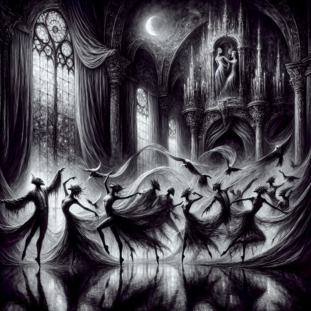 Ethereal Figures Dance in a Gothic Hall Setting
