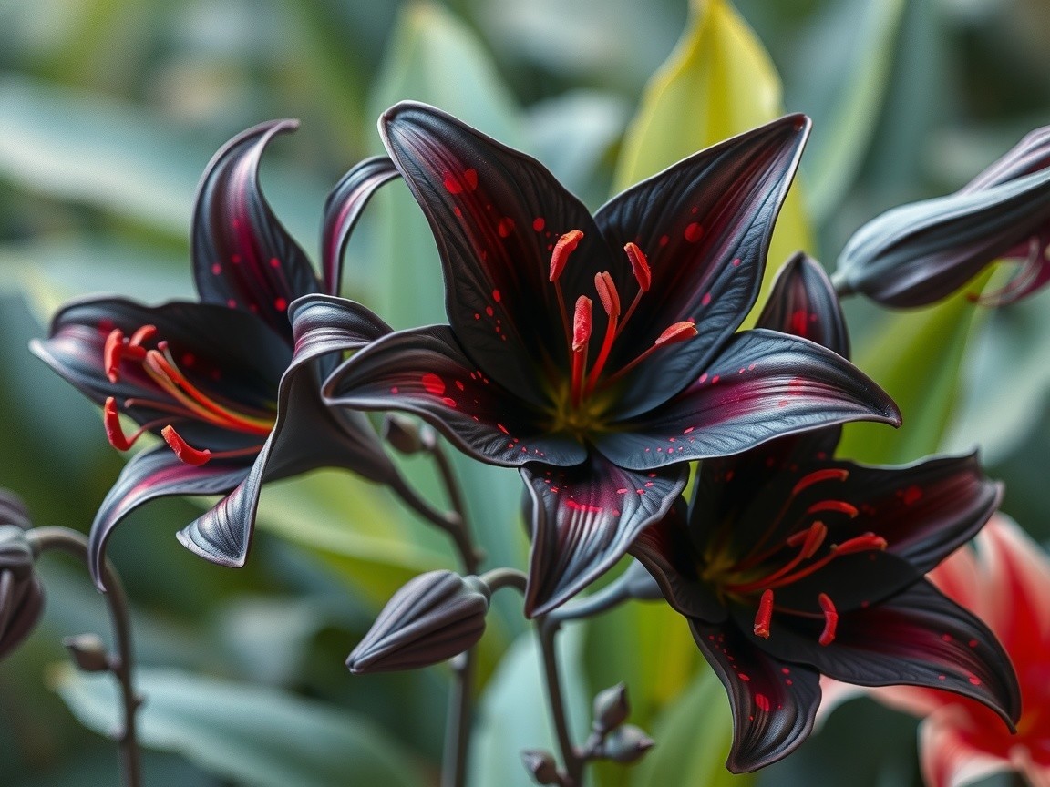 Close-Up of Black Lilies with Red Accents and Green Background