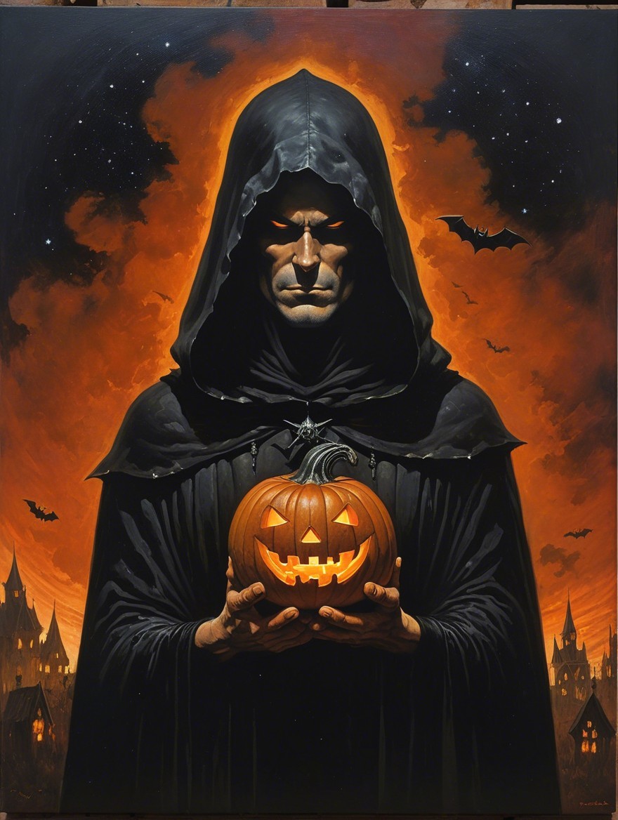 Shadowy Figure with Pumpkin Against Orange Sky