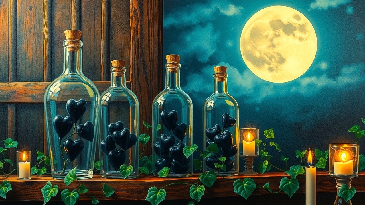 Night Scene with Glass Bottles and Full Moon