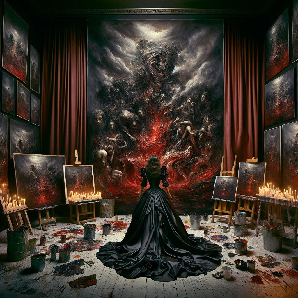 Woman in Black Gown in Dim Art Studio with Chaotic Painting