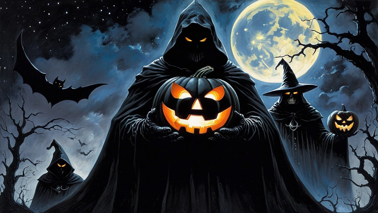 Spooky Halloween Scene with Cloaked Figures and Pumpkins