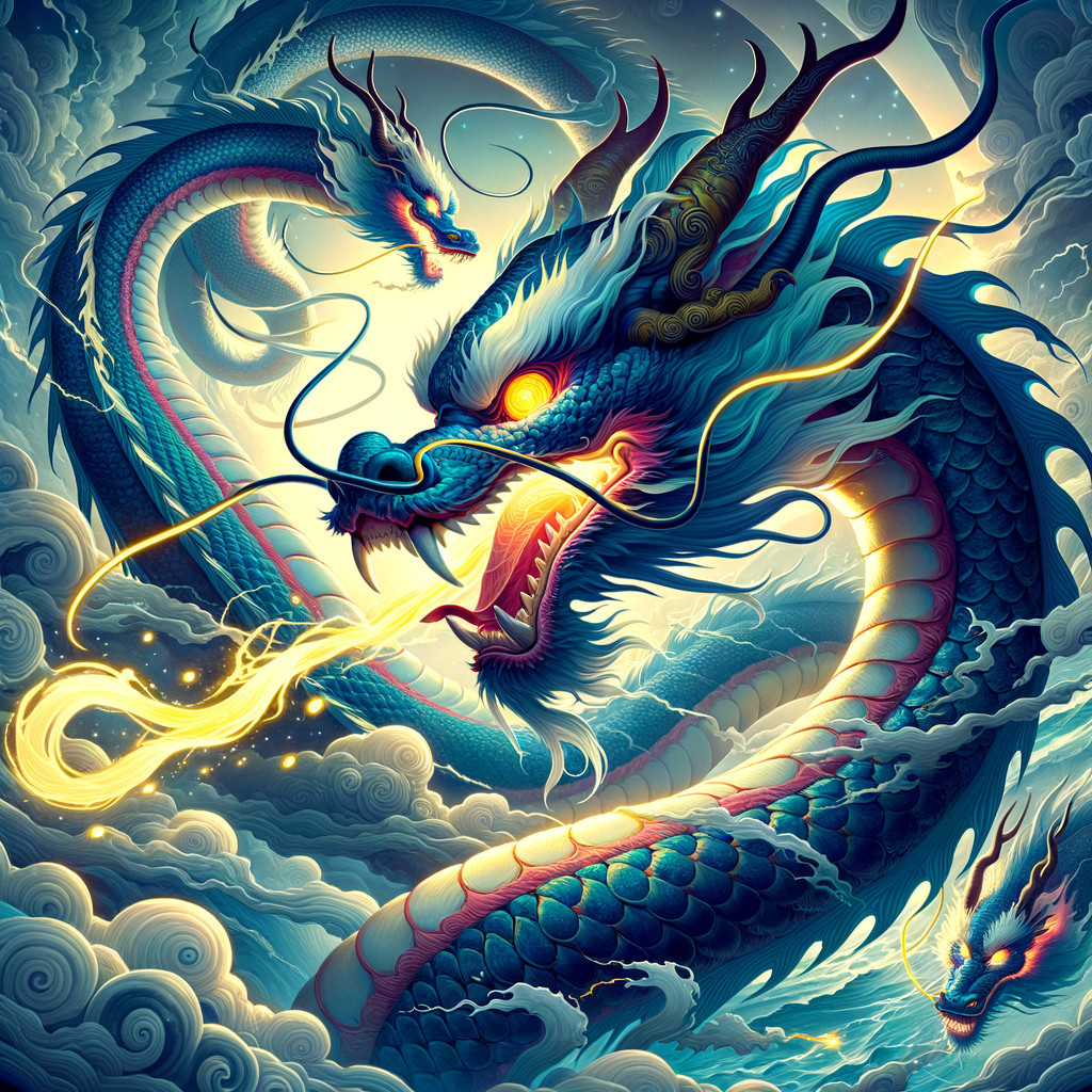 Majestic Blue Dragon Breathing Fire in Swirling Clouds
