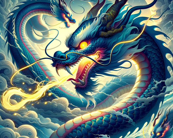 Majestic Blue Dragon Breathing Fire in Swirling Clouds