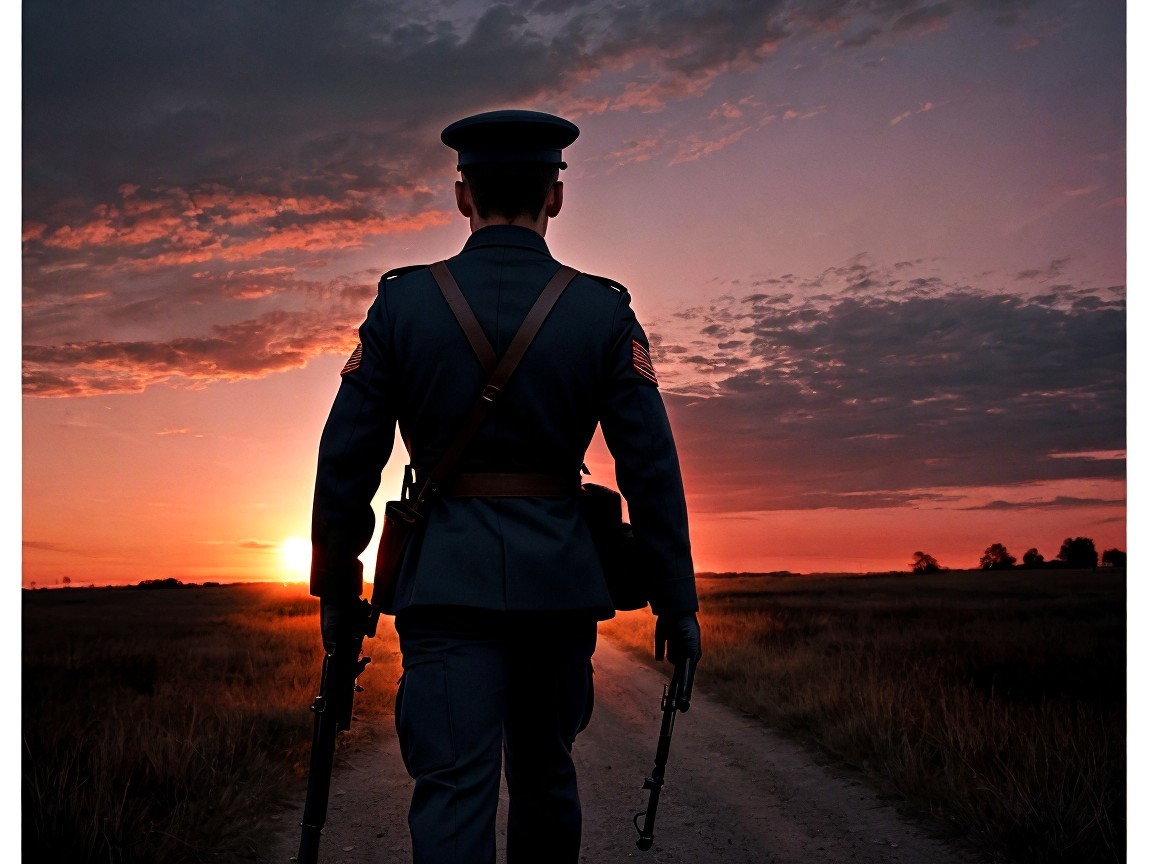Solitary Soldier at Sunset on a Dirt Road