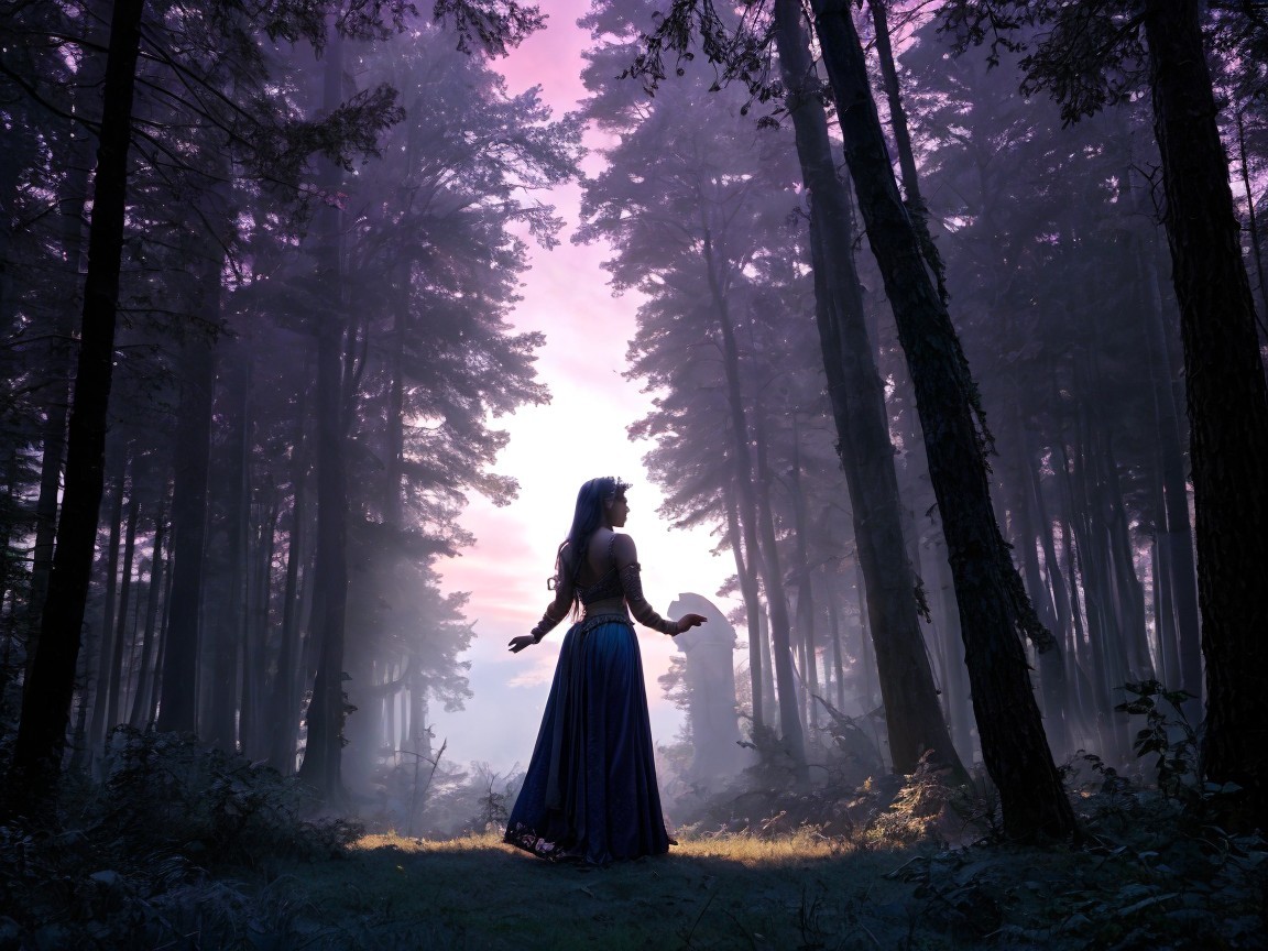 Silhouette of a Woman in Blue Gown in Twilight Forest