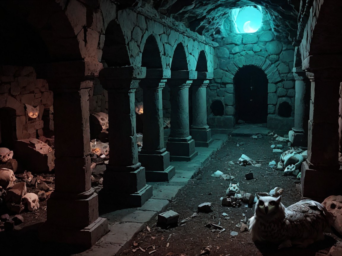 Ancient Stone Chamber with Eerie Atmosphere and Owl