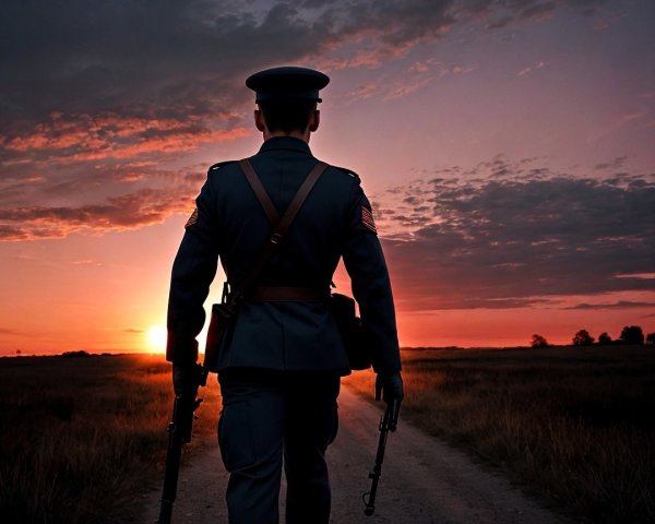 Solitary Soldier at Sunset on a Dirt Road