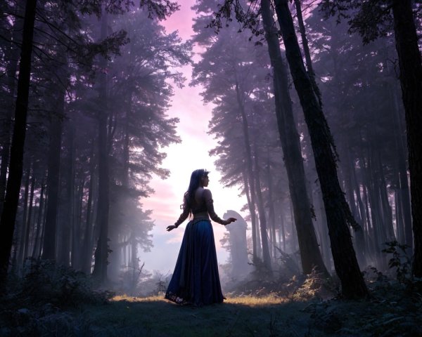 Silhouette of a Woman in Blue Gown in Twilight Forest